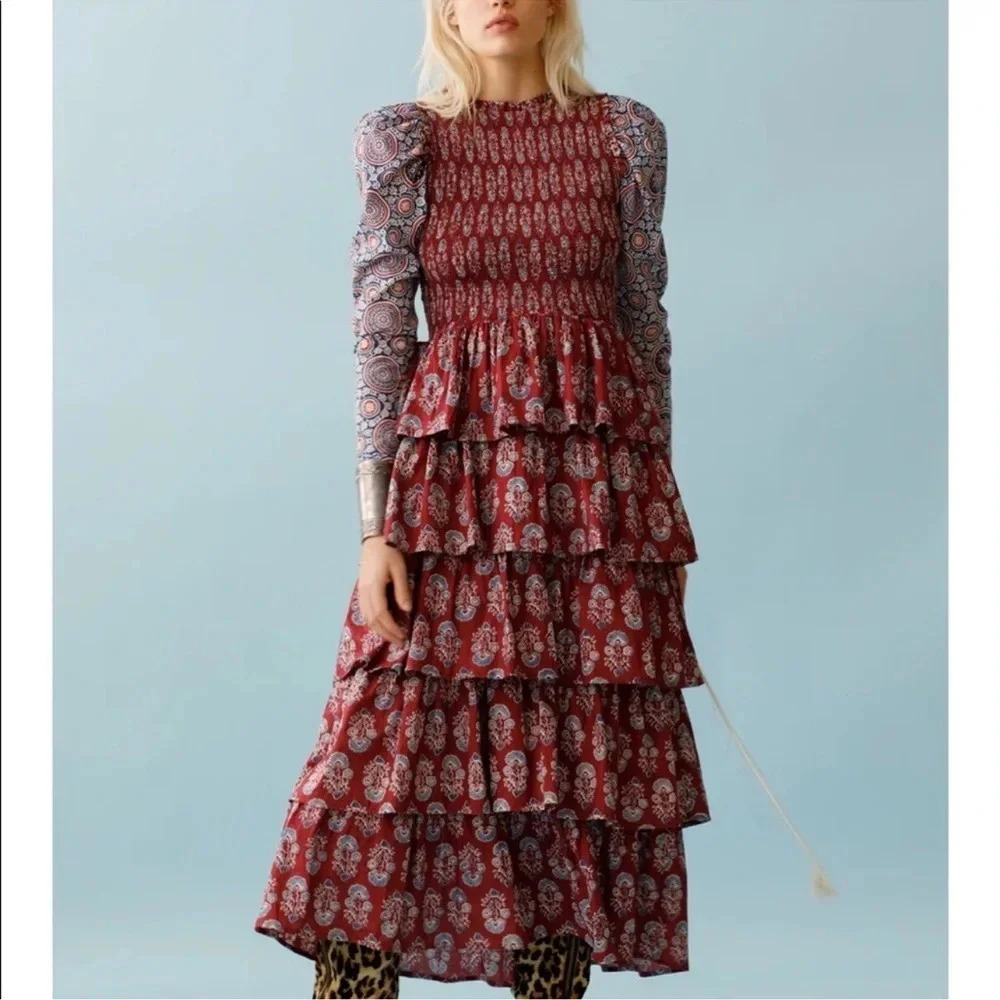 Alix of Bohemia Shelby Mulberry Ruffle Midi Dress Burgundy Mulberry Small NWT